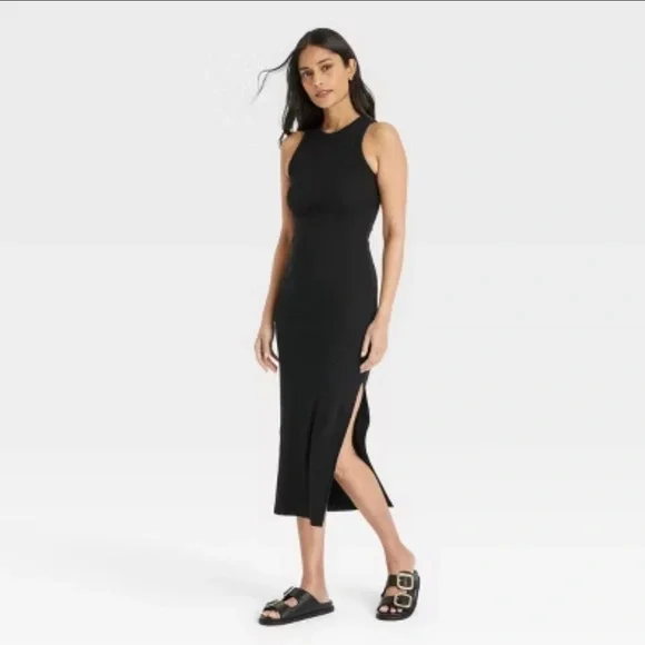 a new day Black Ribbed high neck midi dress size medium with side slit - Picture 2 of 5